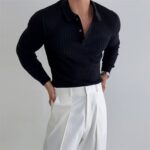 Men’s Slim Fit Lapel Polo – Solid & Striped Long Sleeve Knit Shirt - Image 5