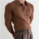 Men’s Slim Fit Lapel Polo – Solid & Striped Long Sleeve Knit Shirt - Image 2