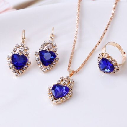 Water drop rhinestone necklace earrings ring set - Heart Royal blue