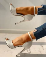White Dress Wedding Shoes Women Ankle Strap Peep Toe High Heel Sandals Sexy Super High Heels Buckle Snake Pattern Woman Pumps - Image 14