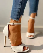 White Dress Wedding Shoes Women Ankle Strap Peep Toe High Heel Sandals Sexy Super High Heels Buckle Snake Pattern Woman Pumps - Image 16